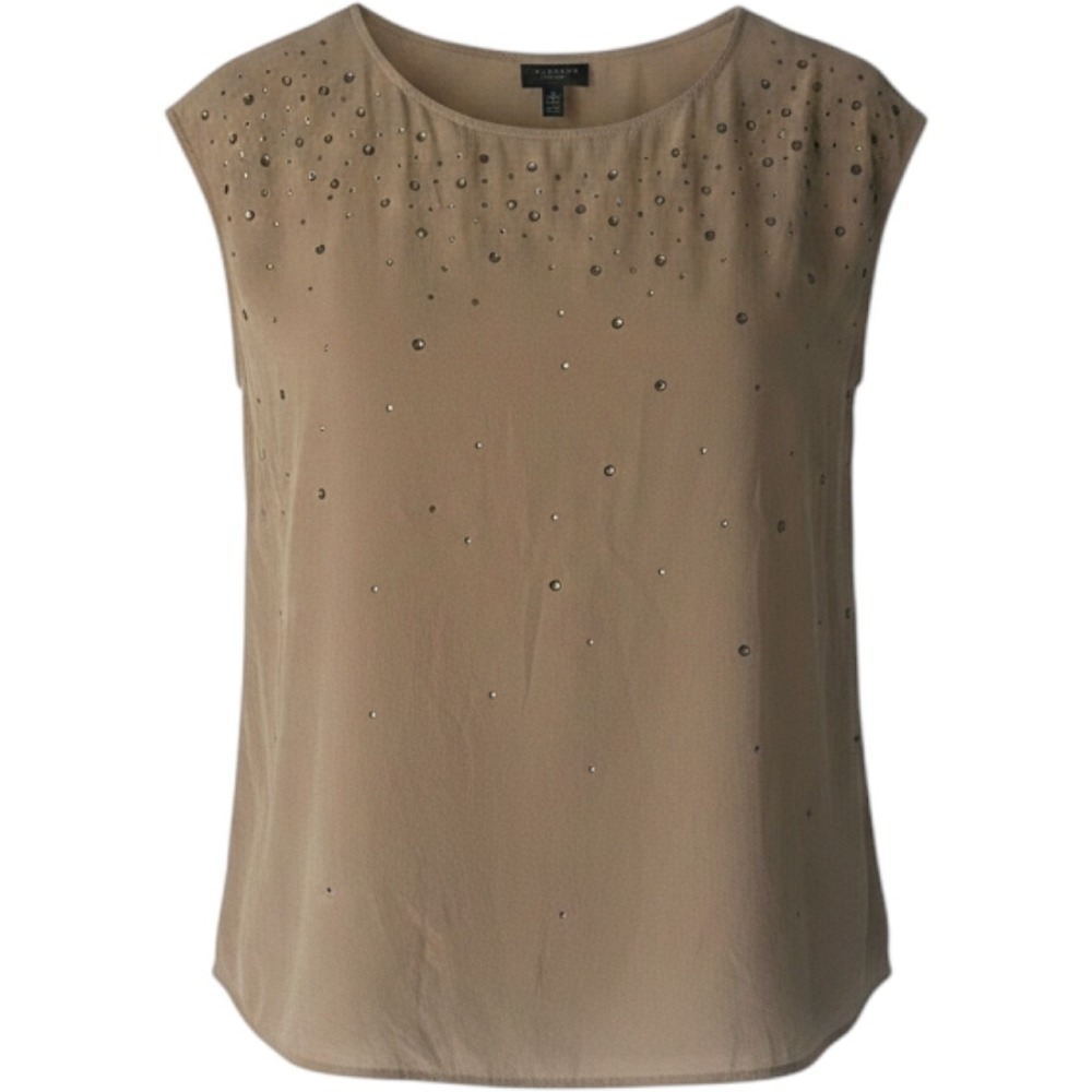 Talbots Petites Silk Sleeveless Blouse Tan Rhinestone Embellished Top SP